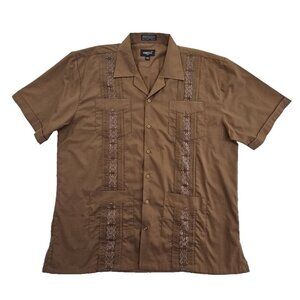 Omega Cubavera Shirt Mens XL Button Down Brown Embroidered 4 Pocket Italy EUC LN